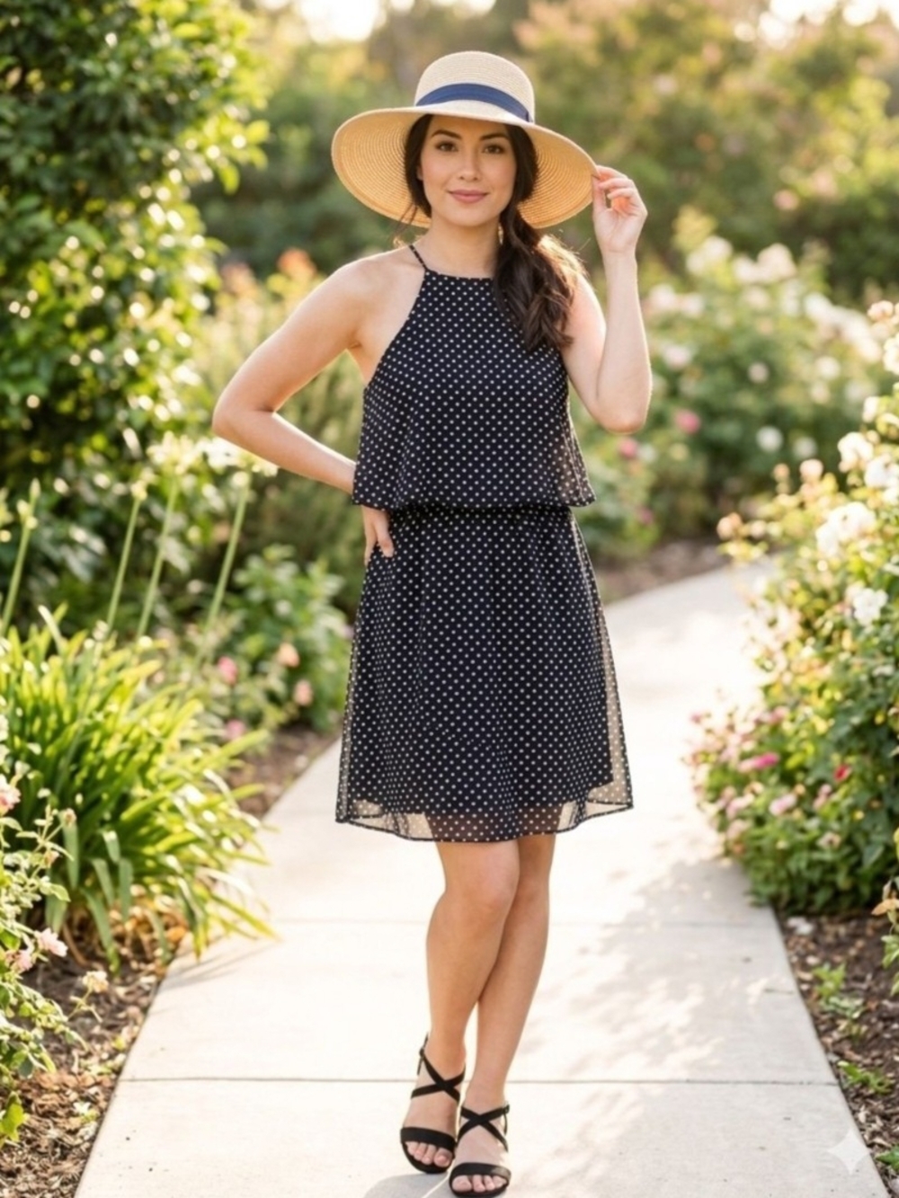 Amber Blue Black Polka Dot Spaghetti Strap Dress. Size M